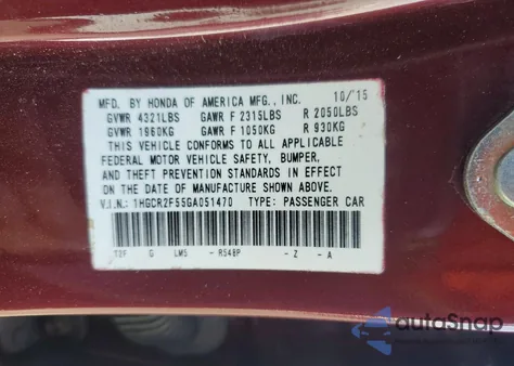 2016 Honda Accord Sport z USA, uszkodzony, nr VIN 1HGCR2F55GA051470